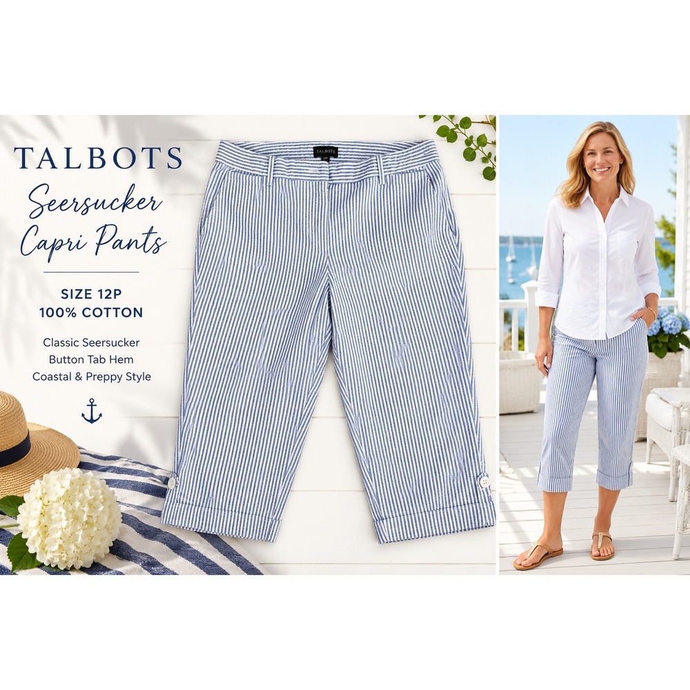 Talbots Seersucker Capri‎ Pants 12P Blue White Stripe Coastal Preppy Cotton